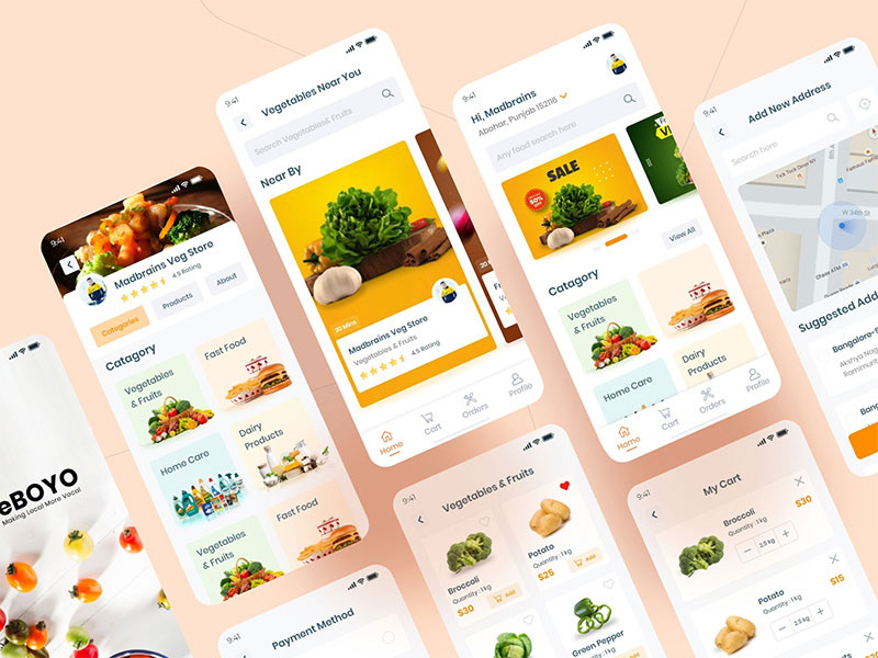 Blue Color Multi Vendor Vegetable Store Mobile App UI Design