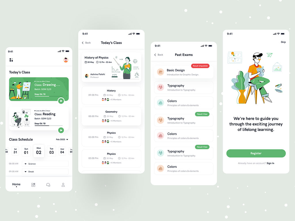 Education Mobile App with Green Color UI Design
