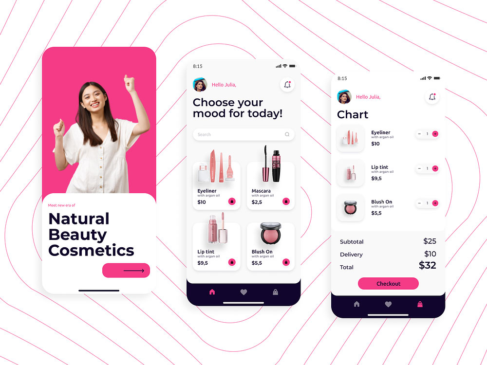 Pink Mobile UI Design for Cosmetics App