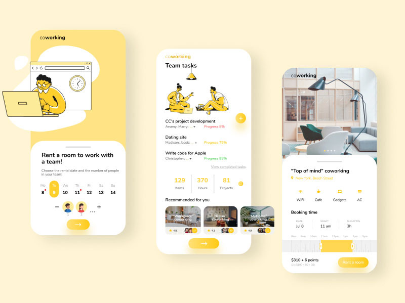 Yellow Color Coworking Mobile App UI Design